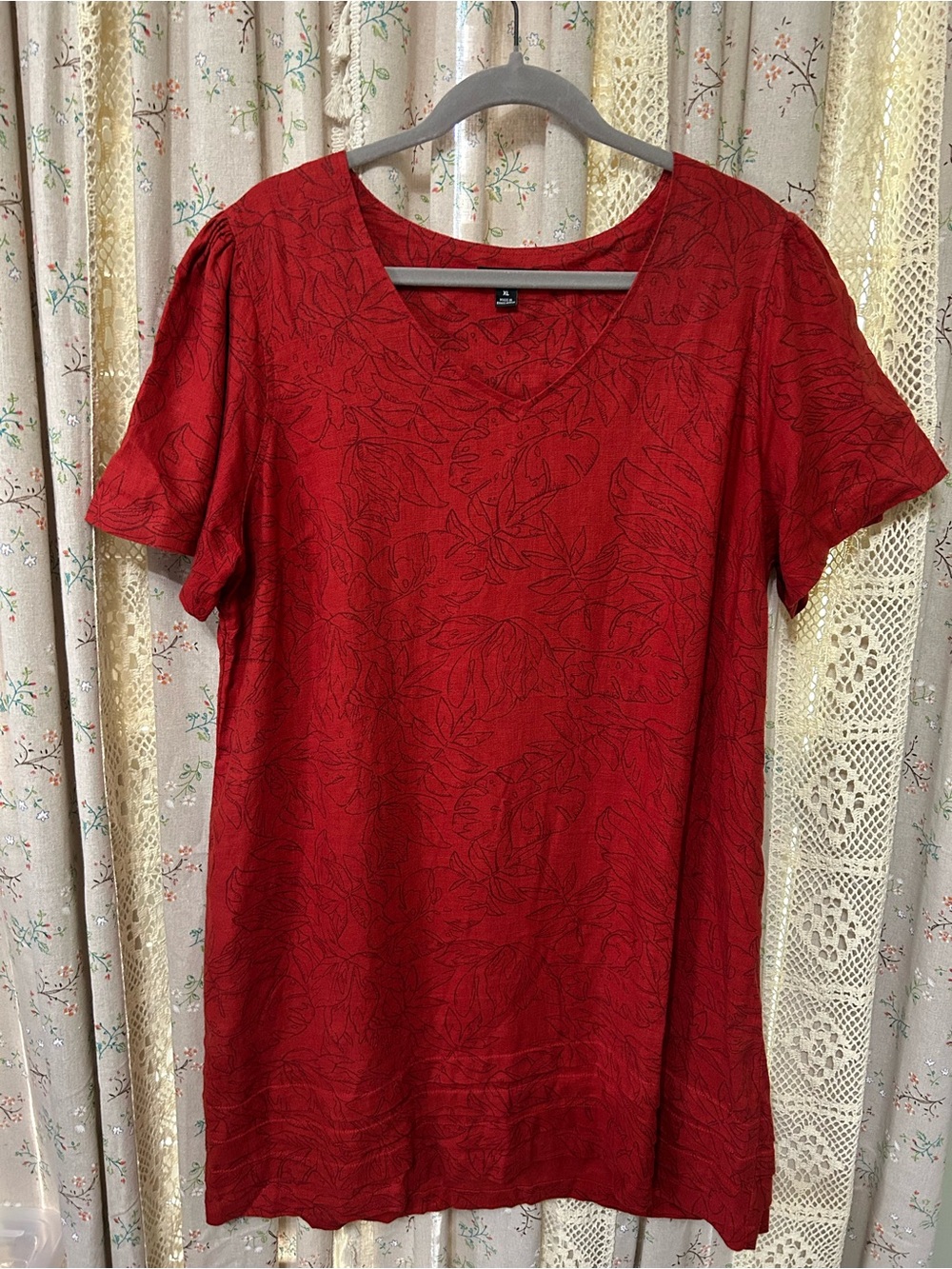 Original Nicole‎ Miller Linen Blend Tropical Leaf Print Shift Dress XL Red